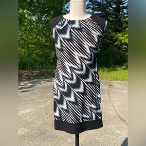 London Times 8Petite  Sheath Dress Black/ White/ Teal Color Blocked Patterned